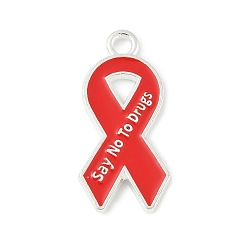 Awareness Ribbon Нет наркотикам красная лента осведомленности тема сплава эмалевые подвески, серебряные, осведомленности ленты, 25x12x1.5 мм, отверстие : 2 мм