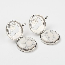 Howlite Synthetic Howlite Pendants, with Brass Diffuser Locket Findings, Flat Round with Angel, 31x26x8mm, Hole: 4mm