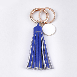 Blue PU Leather Tassel Keychain, with Alloy Enamel Pendants, Iron Key Rings and Alloy Spring Gate Rings, Light Gold, Blue, 121~128mm