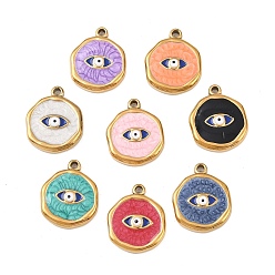 Evil Eye 304 нержавеющей стальной эмали подвески, плоско-круглые, золотые, злые глаза, 15.5~16.5x13.5x2.5 мм, отверстие : 1.2~1.4 мм