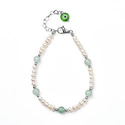 Amazonite Natural Amazonite Beaded Bracelets, with Evil Eye Lampwork Beads, Natural Pearl Beads, Brass Beads and 304 Stainless Steel Lobster Claw Clasps, 7-7/8 inch(20cm)