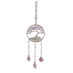 Golden Tree of Life Natural Agate & Natural Crystal Chips Hanging Suncatchers, with Glass Beads & Iron Ring and Brass Wire for Outdoor & Garden Decor, Golden, 335mm