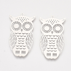 Платина Латунные подвески, гравированные металлические украшения, сова, платина, 35x20x0.3 мм, отверстие : 1.4 мм
