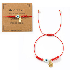 Красный Латунные браслеты с подвесками в виде хамсы, Браслеты из плетеных бусин от сглаза из стекла и смолы для женщин, с открытки, красные, внутренний диаметр: 11 дюйм (28 см)