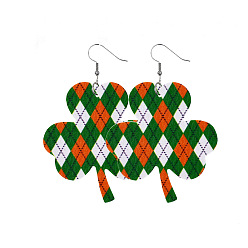 Зеленый Серьги-подвески из искусственной кожи ко Дню Святого Патрика, платина, клевер с узором, зелёные, 70x50 мм