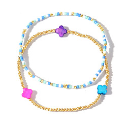 Небесно-голубой 2шт. 2 стили браслетов из стеклянных и латунных бусин, эластичные браслеты, Браслеты с подвесками в виде клевера из натуральной ракушки для женщин, голубой, 6.89 дюйм (17.5 см)