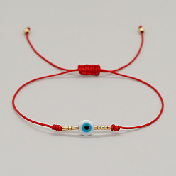 Sky Blue Vintage Evil Eye Miyuki Gold Beaded Braided Bracelets with Brass Beads for Women, Real 14K Gold Plated, Sky Blue, 11.02 inch(28cm)