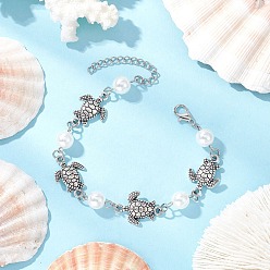 Античный Серебристый & Платиновый Браслеты из сплава черепаховой кожи серии ocean, АБС-пластик имитация жемчуга круглые бусины браслеты для женщин, старинное серебро и платина, 7-1/4 дюйм (18.5 см)