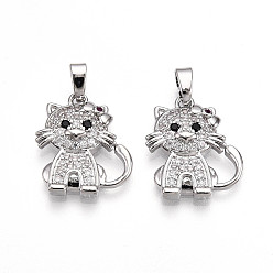 Платина Латунные микро проложить кубического циркония подвески, без кадмия и без свинца, кошка прелести, платина, 17.5x15.5x3 мм, отверстие : 5x2.5 мм