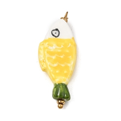 Yellow Handmade Porcelain with 304 Stainless Steel Pendants, Fish Charms, Golden, Yellow, 35~35.5x13~13.5x5.5~6mm, Hole: 1.6mm