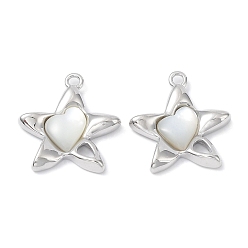 Real Platinum Plated Brass Pendants, with Shell, Star Charm, Real Platinum Plated, 19x17x3mm, Hole: 1.6mm