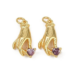 Настоящее золото 18K Латунные микро проложить кубического циркония подвески, без кадмия и без свинца, жест с сердцем, с целью перехода в кольце, реальный 18 k позолоченный, 20.5x12x4.5 мм, отверстие : 3 мм