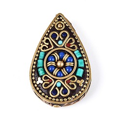 Королевский синий Индонезийские бусины ручной работы, слеза, со смолой и непокрытой латунью, королевский синий, 47.5x30x12 мм, отверстие : 1.8 мм