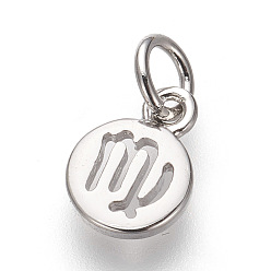 Дева Латунь прелести, без свинца и без кадмия, плоский круглый с созвездиями, платина, Дева, 9.5x7x1 мм, отверстие : 3 мм