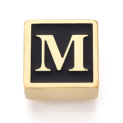 Letter M 304 Квадратные распорные планки из нержавеющей стали с черным эмалевым покрытием, 2-луночное, ионное покрытие (ip), реальный 18 k позолоченный, Буква М, 12x12x6 мм, отверстие : 4.5 мм