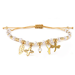Золотой 304 из нержавеющей стали шарм браслеты, Регулируемые браслеты для женщин из латуни и пластика с круглыми бусинами, имитирующими жемчуг., лист и крест и стрекоза и ключ, золотые, 11.02 дюйм (28 см)