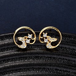 Fish Серьги-гвоздики из латунного микро-паве, реальный 18 k позолоченный, рыба, 10x9.50 мм