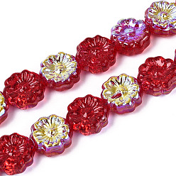 Малиновый Гальванизируйте прозрачное стекло бисер нитей, цветка сливы, с покрытием AB цвета, малиновый, 14~14.5x14~14.5x6~6.5 мм, отверстие : 1~1.2 мм, около 45 шт / нитка, 24.41~24.80 дюйм (62~63 см)