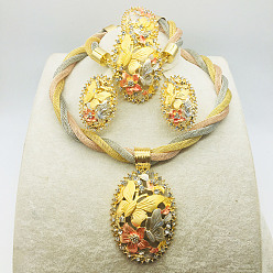 Золотой Овальные браслеты из сплава с бабочкой, серьги-гвоздики, ожерелья с подвесками и комплекты колец, золотые, 475 мм