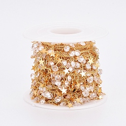 Real 18K Gold Plated Brass Curb Chains, with Spool, Star Brass Charms & Diamond Shape Cubic Zirconia Charms, Long-Lasting Plated, Soldered, Clear, Real 18K Gold Plated, 2x1.5x1mm, 3x2x1mm, about 32.8 Feet(10m)/roll
