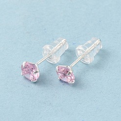 Pink Серьги-гвоздики с кубическим цирконием и бриллиантами, 925 ювелирные изделия из стерлингового серебра для женщин, розовые, 14.5x5 мм, штифты : 0.8 мм