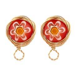 Red Handmade Millefiori Lampwork Earring Stud Settings and Ear Nuts, with 304 Stainless Steel Findings and Copper Wire, Red, 10mm, Hole: 2.5mm, Pin: 0.6mm