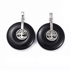 Obsidian Natural Obsidian Pendants, with Platinum Tone Brass Findings, Donut/Pi Disc with Tree of Life, 35.5x30x8.5~9.5mm, Hole: 4.5x6.5mm