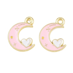 Pink Colgantes de la aleación del esmalte, Luna con dijes de corazón., dorado, rosa, 16x13x1 mm, agujero: 1.6 mm