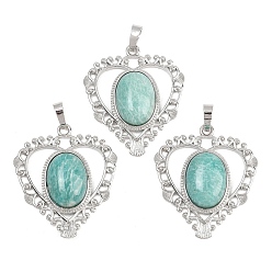 Платина Природные подвески амазонит, латунные драгоценные камни, подвески в форме сердца, стойки покрытие, долговечный, платина, 39x34.5x9 мм, отверстие : 8x5 мм