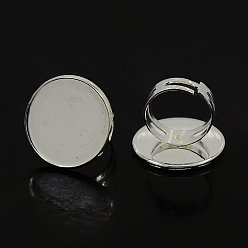 Silver Adjustable Brass Ring Mountings and Settings, Round, Silver Color Plated, Tray: 25mm, Ring: 17mm