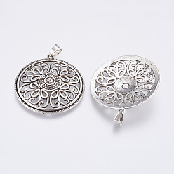 Antique Silver Tibetan Style Alloy Pendants, Flat Round with Flower, Antique Silver, 39x36x5mm, Hole: 4.5x5mm