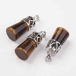 Tiger Eye Natural Tiger Eye Pendants, Column, with Brass Findings, Platinum, 30~32x14~15mm, Hole: 4.5x6mm
