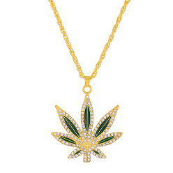 Golden Rhinestone Leaf Pendant Necklace with Alloy Chains, Golden, 23.62 inch(60cm)