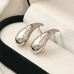 Платина Серьги-гвоздики из латуни с микропаве из прозрачного кубического циркония с покрытием в виде капли, долговечный, без свинца и без кадмия, платина, 23.5x8 мм