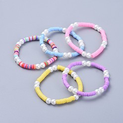 Mixed Color Eco-Friendly Handmade Polymer Clay Heishi Beads Kids Stretch Bracelets, with Glass Pearl Beads, Mixed Color, 1-3/4 inch(4.5cm)