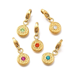 (52) Непрозрачная лаванда 304 подвески из нержавеющей стали украшения, с горным хрусталем и омарами когтя застежками, ионное покрытие (ip), плоско-круглые, реальный 14 k позолоченный, разноцветные, 12.5x9x2.5 мм