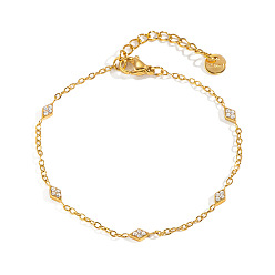 Rhombus 304 Stainless Steel Crystal Rhinestone Geometric Link Chain Bracelets, Golden, Rhombus, 6.50 inch(16.5cm)