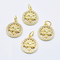 Real 18K Gold Plated Brass Micro Pave Cubic Zirconia Charms, Long-Lasting Plated, Lead Free & Nickel Free & Cadmium Free, Flat Round with Tree, Real 18K Gold Plated, 14.5x12x2.5mm, Hole: 3mm
