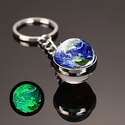 Blue Luminous Glass Pendant Keychain, with Alloy Key Rings, Glow In The Dark, Round with Galaxy, Blue, 8cm