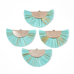 Светлый Морско-зеленый Подвески из рафии с кисточками, с металлическими шнурами и медными выводами, веерообразный, золотые, светло-зеленый, 27x45x3 мм, отверстие : 1x3 мм