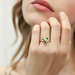 Golden 304 Stainless Steel Pave Cubic Zirconia Cuff Open Rings for Women, Heart, Golden, US Size 4 1/4(15mm)~20mm