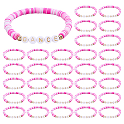 Hot Pink 32Pcs Handmade Polymer Clay & Acrylic Bead Bracelets, Word DANCE, Hot Pink, Inner Diameter: 1.97 inch(5cm)
