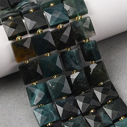 Мосс Агат Природные моховой агат бисер нитей, граненые, квадратный, с бисером, 10.5x10.5x4.5~5.5 мм, отверстие : 1 мм, около 31 шт / нитка, 14.76~15.16'' (37.5~38.5 см)
