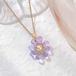 Сливовый Стеклянные и стеклянные жемчужные бусины подвески ожерелья для женщин, с 304 кабельной цепью из нержавеющей стали, цветок, слива, 17.72 дюйм (45 см)