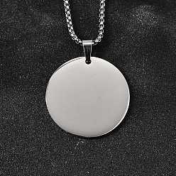 Плоский Круглый 304 ожерелья из нержавеющей стали, с коробчатой цепью и подвесками для ручной полировки, цвет нержавеющей стали, плоско-круглые, 17.72 дюйм (45 см), очарование: 30 мм