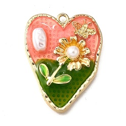 Лосось Подвески из эмали и сплава, с ABS имитации жемчуга, Сердце со цветками , стойки покрытие, долговечный, без свинца, без кадмии и без никеля, золотые, salmon, 31.5x24x5 мм, отверстие : 1.8 мм