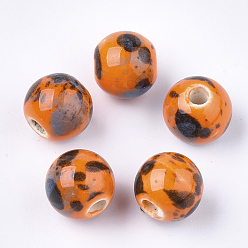 Оранжевый Фарфоровые бусины ручной работы, фантазии античного стекла фарфора, круглые, оранжевые, 10.5x9.5 мм, отверстие : 2.5 мм