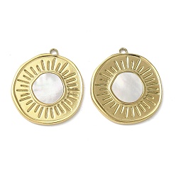 Настоящее золото 18K Плоские круглые подвески из нержавеющей стали с покрытием из натуральной раковины пауа/белой раковины методом ионного напыления (IP)., реальный 304 k позолоченный, 18 мм, отверстие : 25x22x2.5 мм