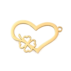 Настоящее золото 18K 304 подвески из нержавеющей стали, лазерная резка, сердце с подвеской в виде клевера, реальный 18 k позолоченный, 21x13x1 мм, отверстие : 1.2 мм
