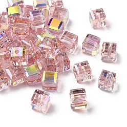 Pink Гальваническим стеклянные бусины, кубические, граненые, с половиным покрытием, розовые, 7x7x7 мм, отверстие : 1.6 мм